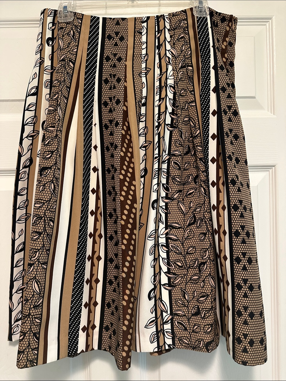 Madison Studio A-Line Striped Print Midi Skirt in Brown and Cream